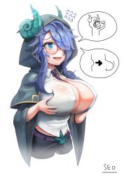 Rule 34 | 1girl, absurdres, artist name, blue eyes, blue hair, blush, breasts, cleavage, demon girl, glasses, green horns, guardian tales, hair over one eye, hand on own chest, highres, hood, horns, huge breasts, mad scientist, mad scientist gremory, open clothes, open mouth, seo (tqhgud016), sidelocks, solo, speech bubble, tears, white background