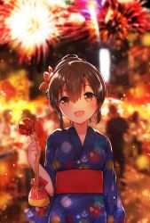 Rule 34 | 1girl, :d, aerial fireworks, blue kimono, blurry, blurry background, blush, brown eyes, brown hair, candy apple, commentary request, depth of field, fireworks, flower, food, hair between eyes, hair bun, hair flower, hair ornament, head tilt, holding, holding food, ichihaya, japanese clothes, kamimura rin, kimono, long sleeves, obi, open mouth, original, print kimono, red flower, sash, single hair bun, smile, solo focus, standing, wide sleeves