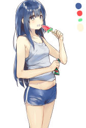 Rule 34 | 1girl, bad id, bad pixiv id, bare arms, bare shoulders, blue eyes, blue hair, blue shorts, blush, breasts, collarbone, commentary request, eating, fingernails, food, food on face, grey tank top, groin, hair between eyes, hand up, highres, holding, holding food, long hair, navel, original, pomu (joynet), popsicle, short shorts, shorts, small breasts, solo, tank top, very long hair, watermelon bar