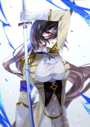 1girl, arm up, black hair, breasts, celine (epic seven), cravat, epic seven, gloves, hair over one eye, highres, holding, holding sword, holding weapon, katana, large breasts, long hair, looking at viewer, parted lips, red eyes, solo, sword, vardan, very long hair, weapon, white gloves, white neckwear