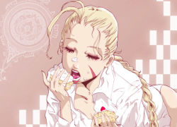 Rule 34 | 1girl, blonde hair, braid, cake, cammy white, capcom, eating, closed eyes, food, food on face, fruit, lips, long hair, okazuwa shake, open mouth, panties, pastry, shirt, solo, strawberry, street fighter, underwear