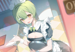 1girl ahoge apron blush bow bowtie breasts chair checkered_floor cleavage cleavage_cutout clothing_cutout cloud_hair_ornament commentary_request dress frilled_apron frills green_bow green_bowtie green_hair hana_mori holding holding_tray indoors looking_at_viewer maid maid_apron maid_headdress menu open_mouth original puffy_short_sleeves puffy_sleeves short_hair short_sleeves solo sunlight table tray white_apron white_headdress white_wrist_cuffs wrist_cuffs yellow_eyes