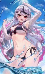 Rule 34 | 1girl, :d, arm up, armpits, bikini, black bikini, black hair, blush, bow, breasts, bubble, cloud, cowboy shot, fang, grey hair, hair ornament, heart, heart hair ornament, heart o-ring, highres, hololive, inari (ambercrown), large breasts, long hair, long sleeves, looking at viewer, multicolored hair, nail polish, navel, open clothes, open mouth, open shirt, plaid, plaid bow, red bow, red eyes, sakamata chloe, see-through, see-through shirt, see-through sleeves, side-tie bikini bottom, sky, smile, solo, stomach, streaked hair, swimsuit, thighs, virtual youtuber, water, wet, x hair ornament
