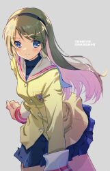 Rule 34 | 1girl, akayama yukihe, arm at side, black hairband, blue eyes, blue skirt, blush, character name, clannad, closed mouth, commentary request, cowboy shot, eyes visible through hair, grey background, hairband, highres, hikarizaka private high school uniform, jacket, light brown hair, long hair, long sleeves, looking at viewer, miniskirt, pleated skirt, sailor collar, sakagami tomoyo, school uniform, sidelocks, simple background, skirt, smile, solo, standing, straight hair, swept bangs, turtleneck, very long hair, white sailor collar, yellow jacket