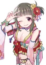Rule 34 | 1girl, arm support, bare shoulders, blush, breasts, cleavage, closed mouth, cowboy shot, detached sleeves, dot nose, flower, furisode, green hair, green wristband, hair flower, hair ornament, hand on own knee, hand up, idolmaster, idolmaster cinderella girls, idolmaster cinderella girls starlight stage, japanese clothes, kimono, leaning forward, long sleeves, looking at viewer, medium breasts, miniskirt, miyaichi (assietteplus), niwa hitomi, one eye closed, peony (flower), pink shirt, pink sleeves, red eyes, red flower, red skirt, shirt, short hair, shoulder guard, simple background, skirt, sleeveless, sleeveless shirt, smile, solo, standing, thigh strap, v, white background, yellow flower, yellow trim