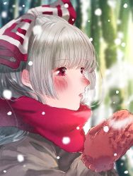 Rule 34 | 1girl, alternate costume, blunt bangs, blurry, blurry background, blush, bow, breath, coat, commentary request, from side, fujiwara no mokou, gloves, grey coat, grey hair, hair bow, half updo, hands up, highres, hime cut, knit gloves, knitting, long hair, mittens, mokoiscat, nose blush, ofuda, open mouth, own hands together, portrait, red bow, red eyes, red gloves, red scarf, scarf, sidelocks, signature, snow, snowing, solo, touhou, two-tone bow, white bow, winter, winter clothes