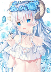 Rule 34 | 1girl, :d, animal, bare shoulders, bikini, blue eyes, blue flower, breasts, bug, butterfly, cleavage, collarbone, commentary request, curled horns, flower, flower wreath, hair between eyes, head wreath, highres, holding, holding flower, horns, ikari (aor3507), insect, long hair, looking at viewer, medium breasts, mole, mole on breast, navel, open mouth, original, smile, solo, swimsuit, twitter username, upper body, very long hair, white bikini, white hair