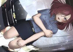 Rule 34 | 1girl, artist name, artist request, bare legs, belt, black belt, black footwear, black pants, blue shirt, blush, breasts, car, clenched hand, collared shirt, female focus, hair between eyes, hand on own shoulder, high heels, highres, looking at viewer, love live!, love live! school idol project, medium breasts, motor vehicle, nail, nail polish, nishikino maki, pants, parted lips, police car, purple eyes, red hair, red nails, shirt, short hair, smile, solo