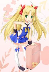 Rule 34 | 1girl, astarotte ygvar, bare shoulders, blonde hair, blush, bow, child, clothing cutout, detached collar, green eyes, hair bow, hand on own hip, hip focus, long hair, lotte no omocha!, luggage, navel, navel cutout, open mouth, pointy ears, rolling suitcase, solo, suitcase, thighhighs, twintails, white thighhighs, wrist cuffs, yoruda