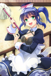 Rule 34 | 1girl, apron, blue hair, breasts, cleavage, dress, frills, green eyes, hat, large breasts, maid, maid apron, open mouth, shokill, side ponytail, smile, solo, sword girls