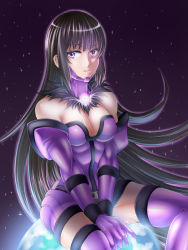 Rule 34 | 1girl, black hair, boots, breasts, cleavage, galacta, gloves, marvel, purple eyes, thigh boots, thighhighs