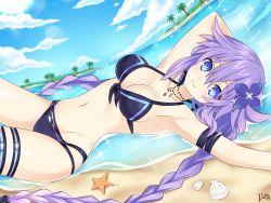 Rule 34 | 1girl, bad id, bad pixiv id, bikini, blue eyes, blush, braid, breasts, clam shell, day, flower, hair flower, hair ornament, jewelry, lewdkuma, looking at viewer, lying, medium breasts, necklace, neptune (series), on back, palm tree, power symbol, power symbol-shaped pupils, purple hair, purple heart (neptunia), sky, smile, solo, starfish, swimsuit, symbol-shaped pupils, thigh strap, tree, twin braids, water, wet