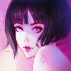 Rule 34 | 1girl, anihelate, artist name, bare shoulders, black hair, bob cut, cable, cyborg, eyelashes, from side, ghost in the shell, highres, kusanagi motoko, light smile, looking at viewer, parted lips, pink lips, purple eyes, short hair, shoulder tattoo, solo, tattoo, watermark