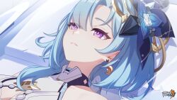 Rule 34 | 1girl, aged up, bare shoulders, blue hair, breasts, chinese commentary, cleavage, close-up, earrings, griseo, griseo (cosmic expression), highres, honkai (series), honkai impact 3rd, jewelry, light blue hair, logo, lying, medium breasts, official art, official wallpaper, on back, parted lips, purple eyes, solo, spoilers, white background
