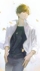 Rule 34 | 1boy, absurdres, bandaid, bandaid on arm, black shirt, brown hair, character request, cowboy shot, earrings, ginkgo leaf, grey pants, highres, jewelry, kkia, leaf, light and night love, long sleeves, looking away, looking to the side, looking up, male focus, necklace, open clothes, open shirt, pants, parted lips, pendant, popped collar, shirt, short hair, sleeves rolled up, solo, stud earrings, thumb in pocket, undershirt, white background, white shirt, wind, yellow eyes