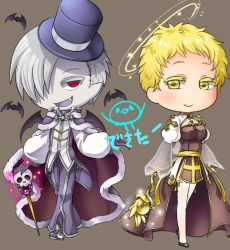 Rule 34 | 1boy, 1girl, arch bishop (ragnarok online), bat (animal), blonde hair, breasts, brown background, brown dress, cape, chain, chibi, cleavage cutout, closed mouth, clothing cutout, commentary request, cross, dress, fang, full body, fur-trimmed cape, fur trim, gloves, grey cape, grey gloves, grey pants, hair between eyes, hair over one eye, halo, high heels, holding, holding staff, juliet sleeves, long sleeves, looking at viewer, love morocc, medium breasts, official alternate costume, open mouth, pants, pointy ears, puffy sleeves, ragnarok online, red cape, red eyes, sash, short hair, simple background, skull, smile, staff, thighhighs, two-sided cape, two-sided fabric, two-tone dress, two-tone shirt, vampire, warlock (ragnarok online), white dress, white hair, yellow eyes, yellow sash