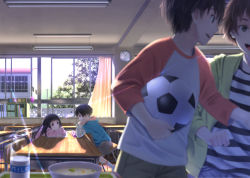 Rule 34 | 1girl, 3boys, arm rest, ball, black hair, blunt bangs, blurry, blush, book, bottle, bowl, brown eyes, brown hair, chair, classroom, clock, curtains, depth of field, desk, diffraction spikes, eye contact, food, head rest, highres, hood, hoodie, indoors, leaning forward, lens flare, long hair, looking at another, milk, multiple boys, original, pencil, pencil case, raglan sleeves, school, school desk, shadow, shirt, short hair, sitting, smile, soccer ball, soup, striped clothes, striped shirt, sunlight, taka (tsmix), tree, window
