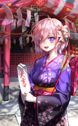 Rule 34 | 1girl, :d, absurdres, arrow (projectile), bare tree, blush, breasts, cherry blossom print, cowboy shot, ema, eye reflection, fate/grand order, fate (series), floral print, flower, grand new year (fate), hair between eyes, hair flower, hair ornament, hair over one eye, hamaya, highres, holding, holding paper, japanese clothes, kimono, large breasts, long sleeves, looking at viewer, mash kyrielight, mash kyrielight (grand new year), myumyu (myu12), obi, official alternate costume, omikuji, open mouth, paper, pink hair, print kimono, purple eyes, purple kimono, reflection, revision, sash, shadow, shide, short hair, shrine, smile, solo, standing, teeth, translation request, tree, tree shade, upper teeth only, wide sleeves