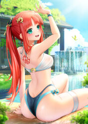 Rule 34 | 1girl, :d, alternate costume, alternate hairstyle, aqua eyes, arm support, arm up, armpits, ass, back tattoo, bare arms, bare back, bare legs, bare shoulders, bikini, blue bikini, blue bow, blue gemstone, blue sky, bow, breasts, building, bush, butt crack, commentary request, crop top, crystalfly (genshin impact), day, fountain, from behind, gem, genshin impact, hair ornament, highres, layered bikini, long hair, looking at viewer, looking back, medium breasts, mismatched bikini, nilou (genshin impact), open mouth, outdoors, paid reward available, parted bangs, ponytail, red hair, revision, royboy, see-through, shed, sidelocks, signature, sitting, sky, smile, solo, swimsuit, tattoo, teeth, thighs, upper teeth only, wet, wet clothes, white bikini, wristband