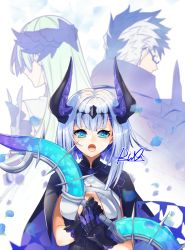 Rule 34 | 1boy, 2girls, :o, aslaug (fate), black gloves, black hair, blue eyes, bow (weapon), bright pupils, brynhildr (fate), cape, circlet, fate/grand order, fate:lost einherjar, fate (series), father and daughter, glasses, gloves, holding, holding bow (weapon), holding weapon, horns, lapis429, long hair, looking at viewer, mother and daughter, multicolored hair, multiple girls, open mouth, short hair, signature, sigurd (fate), two-tone hair, upper body, weapon, white hair