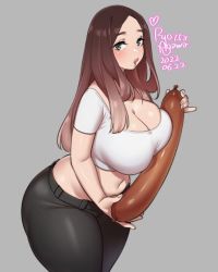 Rule 34 | 1girl, agawa ryou, artist name, belly, black pants, blush, breasts, brown hair, cleavage, commentary, cowboy shot, crop top, dated, english commentary, food, green eyes, holding, holding food, huge breasts, long hair, looking at viewer, midriff, navel, original, pants, puckered lips, sausage, scoop neck, short sleeves, signature, solo, standing, straight hair, thick thighs, thighs, very long hair, wide hips