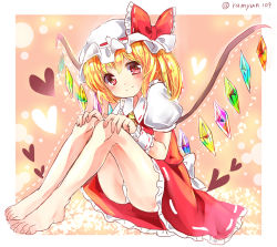 Rule 34 | 1girl, ascot, barefoot, blonde hair, blush, bow, closed mouth, crystal, dotted line, feet, flandre scarlet, frilled skirt, frills, full body, hat, hat bow, heart, knees up, looking at viewer, looking to the side, mob cap, panties, pantyshot, puffy short sleeves, puffy sleeves, ramudia (lamyun), red bow, red eyes, red shirt, red skirt, shirt, short sleeves, side ponytail, sitting, skirt, skirt set, smile, solo, touhou, twitter username, underwear, white panties, wings, wrist cuffs
