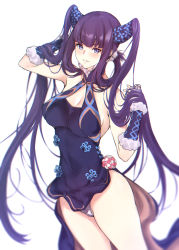 Rule 34 | 1girl, bare shoulders, black dress, blue eyes, blunt bangs, blush, breasts, china dress, chinese clothes, cleavage, covered navel, detached sleeves, dress, fate/grand order, fate (series), hair ornament, hands up, holding, holding own hair, large breasts, long hair, looking at viewer, panties, parted lips, purple hair, sidelocks, simple background, smile, solo, thighs, twintails, underwear, very long hair, white background, white panties, yang guifei (fate), yang guifei (second ascension) (fate), zucchini