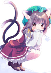 Rule 34 | 1girl, animal ears, brown eyes, brown hair, cat ears, cat girl, cat tail, chen, dress, earrings, fukaya rin, full body, green hat, hat, highres, jewelry, looking at viewer, mob cap, multiple tails, nekomata, simple background, single earring, solo, squatting, tagme, tail, tail raised, touhou, two tails, white background
