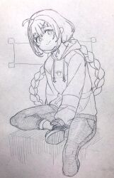 Rule 34 | 1girl, ahoge, alternate costume, blush, braid, closed mouth, commentary request, cropped legs, denim, drawstring, figure four sitting, graphite (medium), greyscale, hair ornament, hairclip, hand on own foot, head tilt, highres, hood, hood down, hoodie, jeans, kizuna akari, long hair, long sleeves, low twin braids, monochrome, pants, shoes, sitting, sleeves past wrists, smile, sneakers, solo, toriniku29, traditional media, twin braids, vocaloid, voiceroid