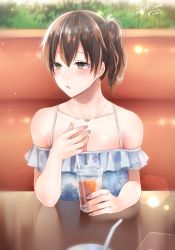 Rule 34 | 10s, 1girl, 2017, :o, alternate costume, bare arms, bare shoulders, blue dress, blush, breasts, brown eyes, brown hair, casual, chestnut mouth, collarbone, commentary request, contemporary, detached sleeves, dress, drink, drinking straw, earrings, female focus, floral print, glass, hair between eyes, highres, jewelry, kaga (kancolle), kantai collection, large breasts, looking away, looking to the side, nail polish, neck, necklace, off-shoulder dress, off shoulder, open mouth, parted lips, pendant, pov across table, reflection, sakiryo kanna, short ponytail, shy, side ponytail, sitting, solo, table, twitter username, upper body