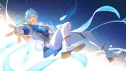 Rule 34 | 1boy, alternate costume, blue hair, blue sky, blush, fingerless gloves, flying, full body, gloves, holostars, holostars english, light particles, male focus, official art, open mouth, pants, reaching, reaching towards viewer, regis altare, rm-parfait, short hair, sky, smile, solo, sparkle, teeth, thai commentary, upper teeth only, virtual youtuber, white footwear, white pants