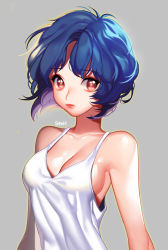 Rule 34 | 1girl, armpits, bare shoulders, blue hair, blush, breasts, brown eyes, camisole, cleavage, closed mouth, collarbone, dress, grey background, highres, impossible clothes, lips, looking at viewer, no bra, orange eyes, ranma 1/2, red eyes, seoji, short hair, sideboob, simple background, sleeveless, sleeveless dress, solo, tendou akane, upper body, white dress