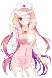 Rule 34 | 1girl, bandages, costume, hat, highres, looking at viewer, nurse, nurse cap, official art, pink hair, pumpkin, red eyes, selena (soccer spirits), shirahane nao, smile, soccer spirits, stethoscope, thighhighs, torn clothes, transparent background