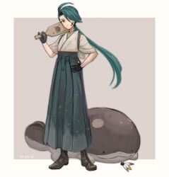 Rule 34 | 1girl, ahoge, alternate costume, black gloves, boots, border, bright pupils, brown footwear, character print, clodsire, closed mouth, commentary request, creatures (company), full body, game freak, gloves, green hair, green hakama, hagoita, hakama, hakama skirt, hand on own hip, hand up, hane (hanetsuki), highres, holding, holding paddle, japanese clothes, kimono, long hair, nintendo, paddle, pokemon, pokemon (creature), pokemon sv, ponytail, rika (pokemon), skirt, standing, white border, wss (nicoseiga19993411)