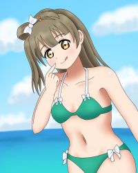 Rule 34 | 1girl, :p, artist name, artist request, bare shoulders, bikini, blue sky, blush, bow, breasts, brown eyes, brown hair, cleavage, cloud, collarbone, day, female focus, green bikini, grey hair, hair bow, hair ornament, hair rings, hairclip, highres, light brown hair, long hair, looking at viewer, love live!, love live! school idol project, minami kotori, ocean, outdoors, parted lips, pointing, pointing at self, ponytail, side-tie bikini bottom, side ponytail, sky, small breasts, smile, solo, swimsuit, tongue, tongue out, white bow, yellow eyes