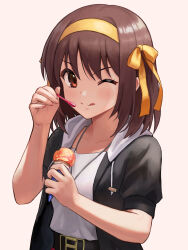 Rule 34 | 1girl, ;q, belt, black belt, black jacket, bob cut, brown eyes, brown hair, casual, collarbone, commentary request, food, hair ribbon, hairband, highres, holding, holding food, holding spoon, ice cream, ice cream cone, ice cream spoon, ishiyuki, jacket, looking at viewer, medium hair, one eye closed, open clothes, open jacket, revision, ribbon, shirt, short sleeves, single scoop, solo, spoon, suzumiya haruhi, suzumiya haruhi no yuuutsu, tongue, tongue out, upper body, white shirt, yellow hairband, yellow ribbon