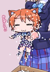 Rule 34 | 10s, 2girls, :3, = =, animal ears, blazer, blue bow, blush stickers, bow, bowtie, box, cardboard box, cat ears, cat tail, chibi, foam pellets, hoshizora rin, jacket, k10k, kemonomimi mode, koizumi hanayo, lifting person, love live!, love live! school idol project, multiple girls, no shoes, orange hair, outstretched arms, package, packing peanuts, photo-referenced, pink background, plaid, plaid skirt, school uniform, short hair, simple background, skirt, socks, solo focus, tail