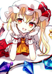 Rule 34 | 1girl, ascot, blonde hair, commentary request, crystal, dise (psychoro), flandre scarlet, hair between eyes, hands on own face, hands up, hat, hat ribbon, highres, jewelry, light, looking to the side, lying, mob cap, multicolored wings, on stomach, one side up, open mouth, orange ascot, red eyes, red ribbon, ribbon, shadow, short hair, simple background, smile, solo, touhou, white background, white hat, wings, wrist cuffs