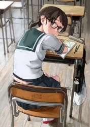 Rule 34 | 1girl, bag, bespectacled, black-framed eyewear, blue sailor collar, blue skirt, brown eyes, brown hair, chair, collared shirt, desk, failure penguin, from behind, full body, glasses, kantai collection, looking at viewer, looking back, low twintails, makio (makiomeigenbot), parted bangs, pleated skirt, sailor collar, school bag, school chair, school desk, school uniform, serafuku, shirayuki (kancolle), shirt, shoes, short twintails, sitting, skirt, smile, solo, twintails, uwabaki