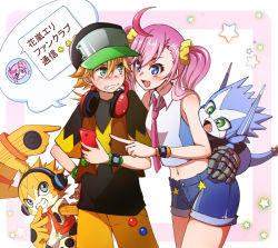 Rule 34 | 1girl, 3boys, :d, ahoge, appmon, asuka torajirou, bare shoulders, black headwear, black shirt, blonde hair, blue eyes, blue shorts, blush, border, breasts, brown vest, cellphone, clenched teeth, collared shirt, commentary request, cowboy shot, digimon, digimon (creature), digimon universe: appli monsters, dokamon, facial mark, hair between eyes, hair ornament, hair scrunchie, hand on own hip, hat, headphones, headphones around neck, holding, holding phone, karan eri, kon&#039;no haruka, long hair, looking at another, midriff, multicolored hair, multiple boys, musimon, navel, necktie, open clothes, open mouth, open vest, phone, pink border, pink hair, pink neckwear, pointing, purple hair, scrunchie, shirt, short shorts, short sleeves, shorts, sidelocks, simple background, sleeveless, sleeveless shirt, smartphone, smile, standing, star (symbol), starry background, sweatdrop, teeth, translation request, twintails, vest, watch, whisker markings, white background, white shirt, wristwatch, yellow scrunchie, yellow shorts