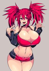Rule 34 | 1girl, ashley (camui kamui), bad id, bad twitter id, bra, breasts, choker, cleavage, curvy, huge breasts, hz (666v), navel, open mouth, red eyes, red hair, short shorts, shorts, smile, solo, twintails, underwear, wide hips