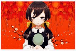 Rule 34 | 1girl, absurdres, apricot (vocaloid), balloon, black dress, black eyes, black hair, blurry, blurry background, border, bow, branch, closed mouth, collared dress, dress, expressionless, flower, hair bow, hand mirror, highres, holding, holding mirror, jitome, light blush, light particles, long sleeves, looking at viewer, low twintails, medium hair, mirror, multiple hair bows, orange background, own hands together, pale skin, solo, swept bangs, tsubata kaki, twintails, upper body, vocaloid, white border, white flower, white sleeves, yellow bow