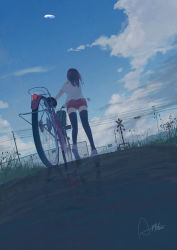 Rule 34 | 1girl, aircraft, ayataka, bicycle, black thighhighs, blue sky, cloud, cloudy sky, day, dirigible, facing away, from behind, grass, highres, medium hair, original, outdoors, power lines, railroad signal, red shorts, reflection, scenery, shirt, shoes, shorts, signature, sky, solo, standing, thighhighs, white shirt