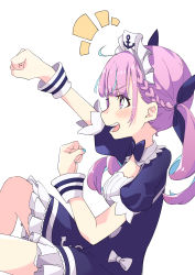 Rule 34 | 1girl, :d, absurdres, anchor symbol, arm up, blue hair, blush, bow, bowtie, braid, cleavage cutout, clenched hands, clothing cutout, collared dress, dress, dress bow, fist pump, frills, from side, hair ribbon, hand up, highres, hololive, knees up, maid headdress, minato aqua, minato aqua (1st costume), miruki(lvlilky), multicolored hair, nail polish, open mouth, pink hair, profile, punching, purple eyes, raised fist, ribbon, short sleeves, sitting, smile, solo, streaked hair, traditional bowtie, twintails, v-shaped eyebrows, virtual youtuber