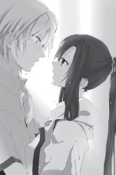 Rule 34 | 10s, 1boy, 1girl, akatsuki kojou, eye contact, from side, greyscale, hair between eyes, hair ornament, highres, imminent kiss, kirasaka sayaka, long hair, looking at another, manyako (mohumohu), monochrome, non-web source, novel illustration, official art, parted lips, ponytail, shirt, short sleeves, strike the blood, sweater, upper body, very long hair, wet, white shirt