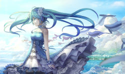Rule 34 | 1girl, aoiakamaou, black thighhighs, blue hair, blue hairband, blue ribbon, collarbone, cowboy shot, dated, day, dress, floating hair, flying whale, green eyes, hair ornament, hairband, hatsune miku, headphones, highres, layered dress, long hair, outdoors, ribbon, sleeveless, sleeveless dress, solo, standing, tattoo, thighhighs, twintails, very long hair, vocaloid, whale