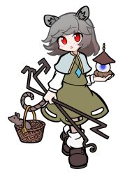 Rule 34 | 1girl, animal ears, black footwear, capelet, commentary, full body, grey hair, grey shirt, grey skirt, long sleeves, looking at viewer, mouse (animal), mouse ears, mouse girl, mouse tail, nazrin, open mouth, pagoda, parody, puyopuyo, red eyes, shinmon akika, shirt, short hair, simple background, skirt, socks, style parody, tail, touhou, triangle mouth, white background, white socks