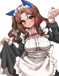 Rule 34 | 1girl, absurdres, animal ears, apron, breasts, brown hair, cake, dress, ear covers, food, frilled apron, frilled dress, frills, highres, holding, holding cake, holding food, horse ears, horse girl, king halo (umamusume), lifting own clothes, long sleeves, maid, maid headdress, medium breasts, puffy long sleeves, puffy sleeves, red eyes, simple background, smile, solo, tabunshake, umamusume, white apron, white background