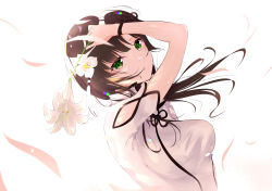 Rule 34 | 1girl, absurdres, arm at side, arm cutout, arm up, assault lily, black hair, blunt bangs, breasts, clothing cutout, commentary request, falling petals, floating hair, flower, flower knot, gradient background, green eyes, hair flower, hair ornament, hair over shoulder, hair scrunchie, hand on own head, highres, holding, holding flower, lens flare, light particles, lily (flower), long hair, looking at viewer, low ponytail, medium breasts, meen (ouaughikepdvrsf), parted lips, petals, scrunchie, shirt, short sleeves, side ponytail, solo, tassel, tassel hair ornament, upper body, wang yujia, white background, white flower, white scrunchie, white shirt, wristband