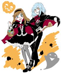 Rule 34 | 1boy, 1girl, :d, basket, black footwear, black hairband, blue eyes, blue hair, blush, bow, brown hair, candy, cape, dress, fangs, food, formal, full body, ghost, grey pantyhose, grin, hairband, halloween, happy, haraheri, jack-o&#039;-lantern, janus cascade, long hair, open mouth, pantyhose, pumpkin, ribbon, shoes, sidelocks, simple background, sketch, smile, suit, vampire, virginia maxwell, wand, wild arms, wild arms 3, wrapped candy, yellow eyes